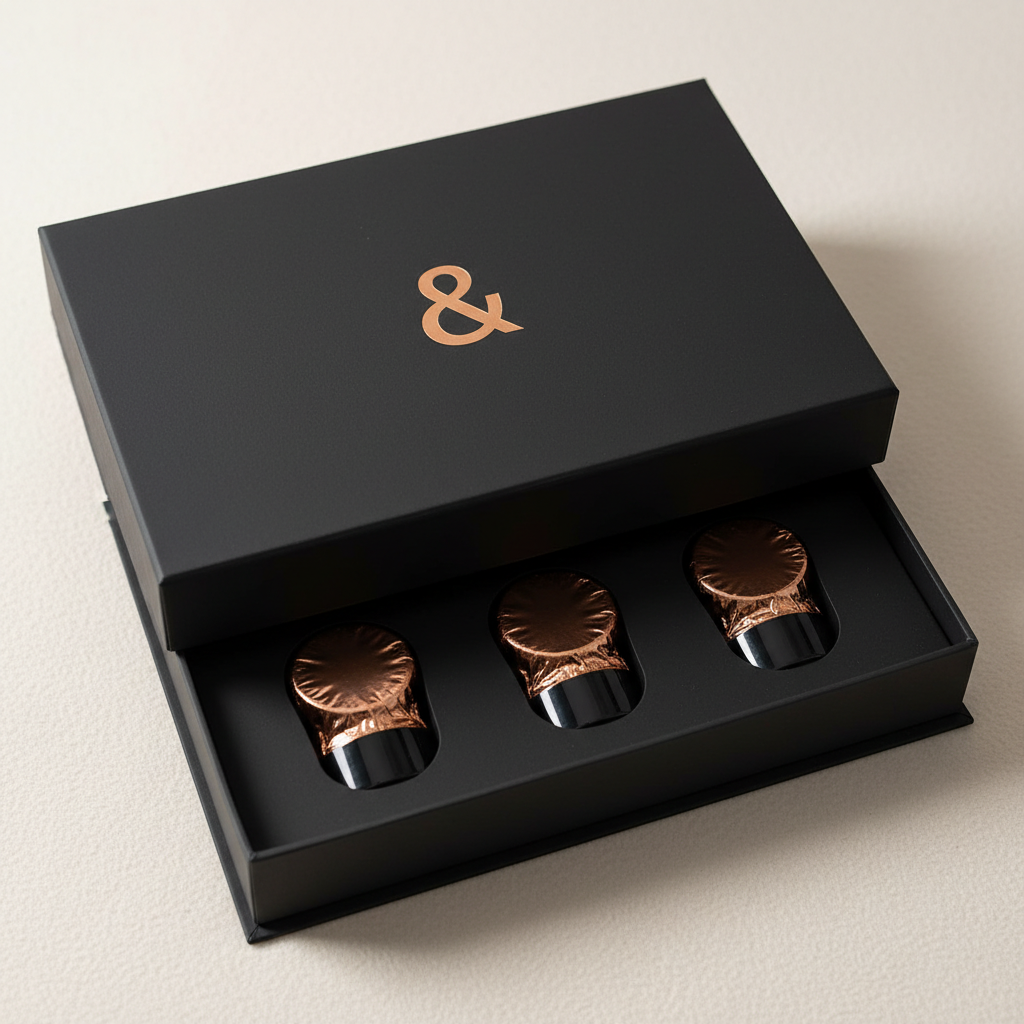 Follicle & Co. packaging — matte black box with copper ampersand and three cartridge slots