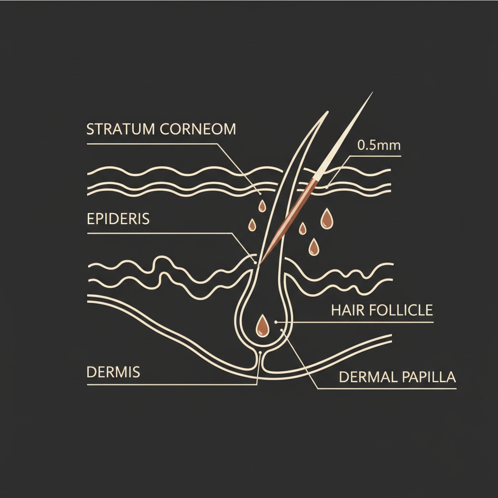 Cross-section illustration of microneedle penetrating scalp layers to reach dermal papilla